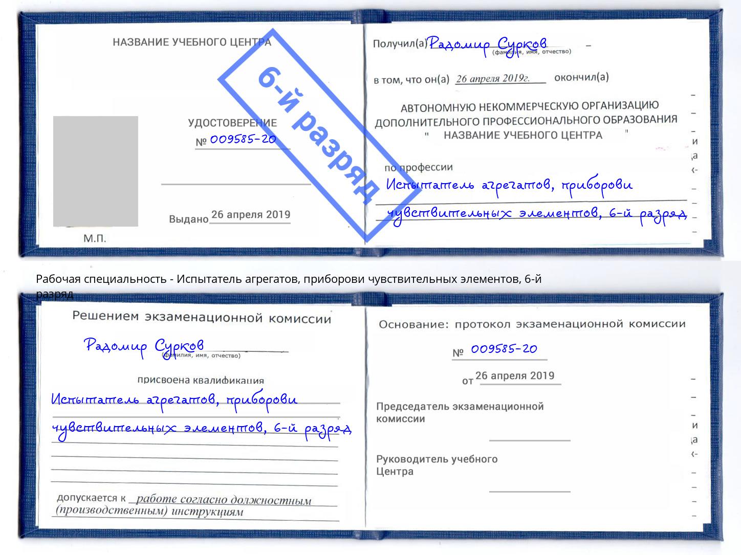корочка 6-й разряд Испытатель агрегатов, приборови чувствительных элементов Петровск