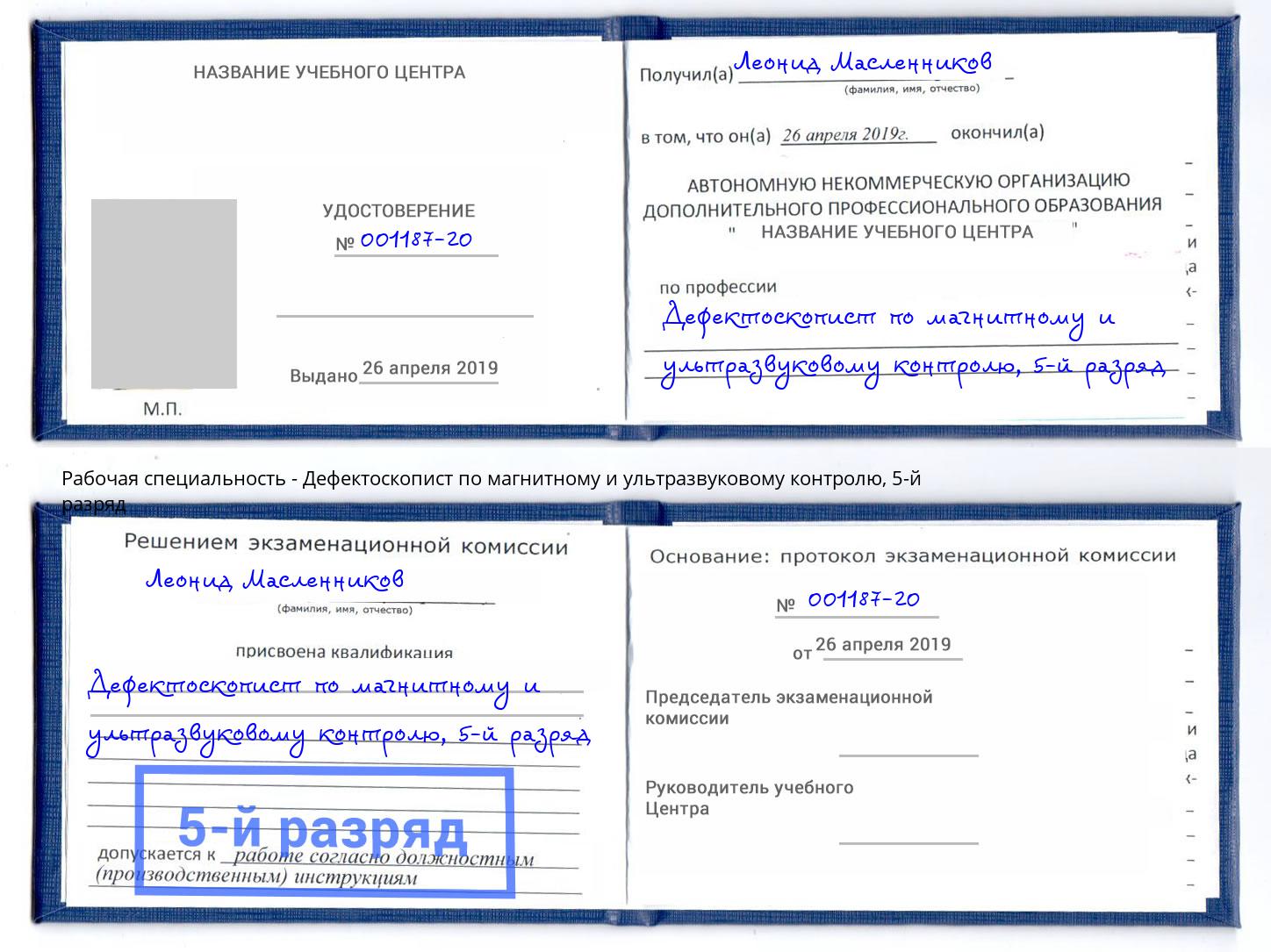 корочка 5-й разряд Дефектоскопист по магнитному и ультразвуковому контролю Петровск