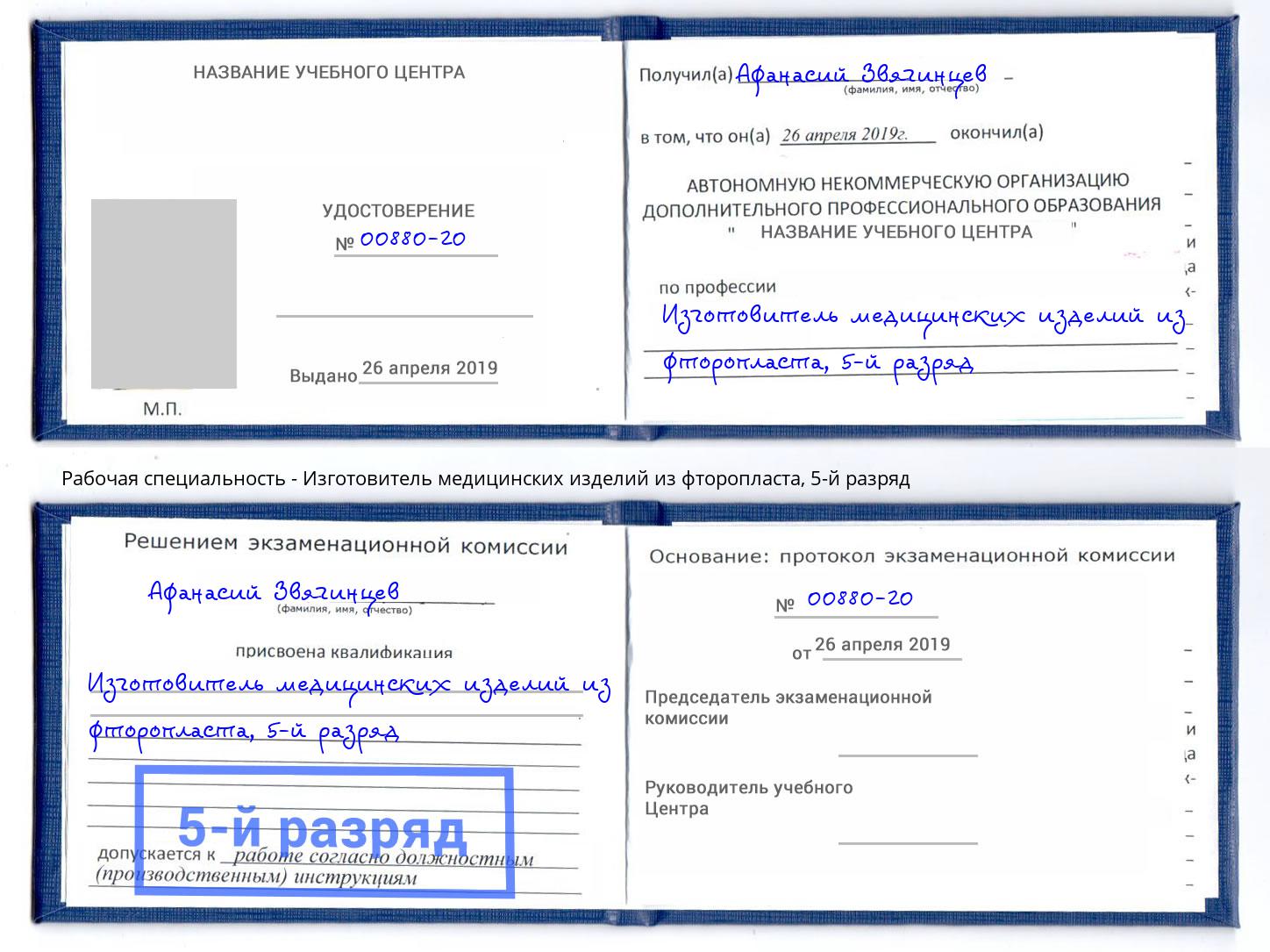 корочка 5-й разряд Изготовитель медицинских изделий из фторопласта Петровск