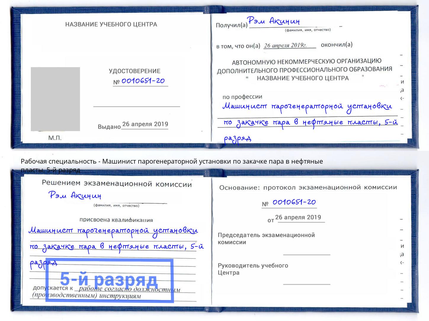 корочка 5-й разряд Машинист парогенераторной установки по закачке пара в нефтяные пласты Петровск